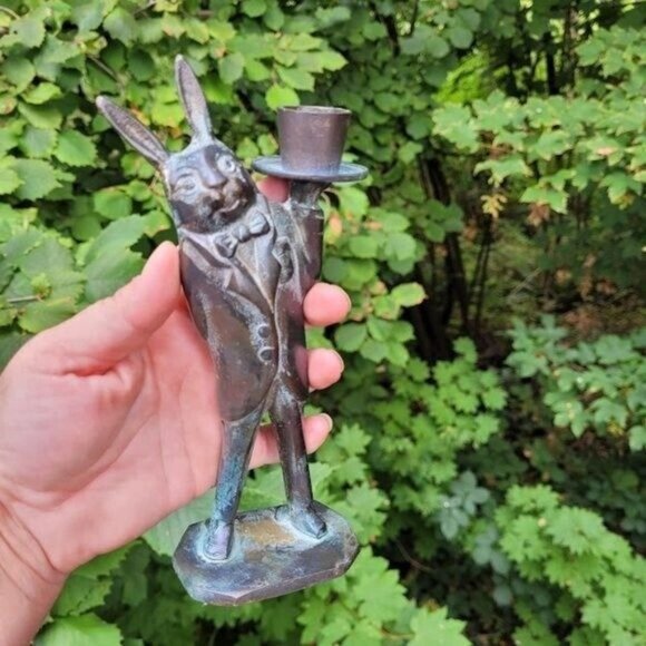 SOLD: VTG Alice in Wonderland Rabbit in a Suit Brass Candlestick Holder Woodland - Picture 4 of 6